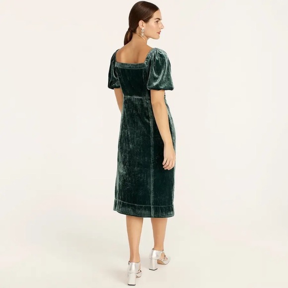 J. CREW Emerald Green VELVET PUFF SLEEVE BUTTON FRONT Square Neck Dress - Picture 2 of 12
